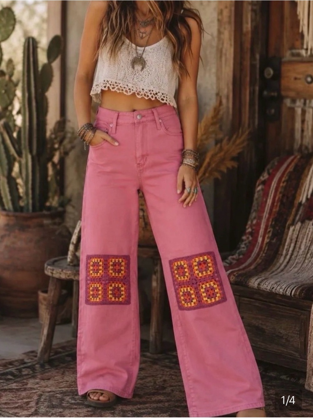 Judy Blue Pink Wide-Leg Jeans with Crochet Knee Squares